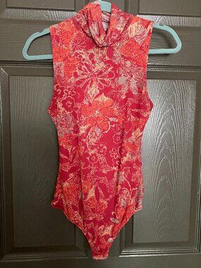 Free People Intimately Floral Mesh Turtleneck Bodysuit Pink Orange XS/S